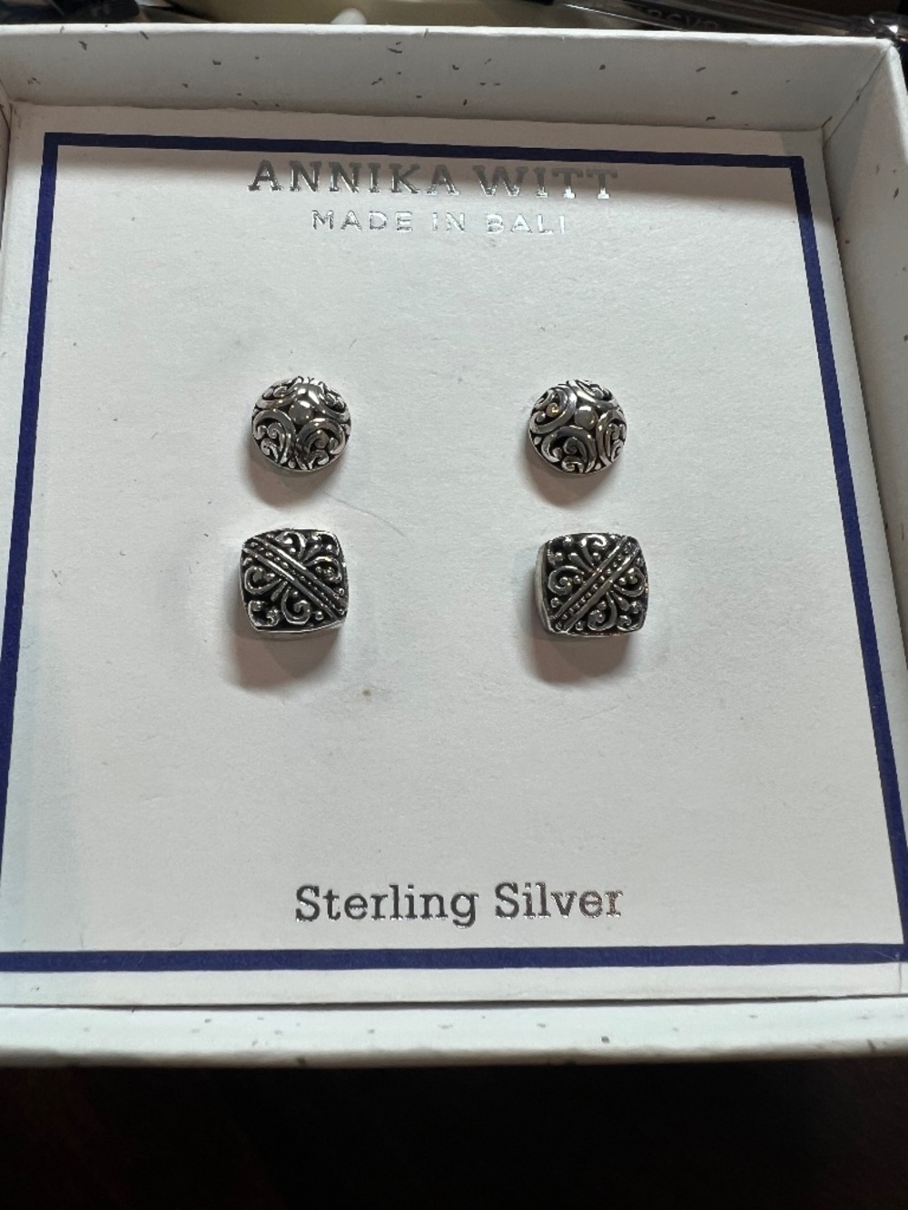 NIB Anika Witt Bali Sterling Silver  2-Pair Stud Earring Set